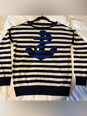 The Limited Navy and White Striped Crewneck Sweater with Blue Anchor Motif
